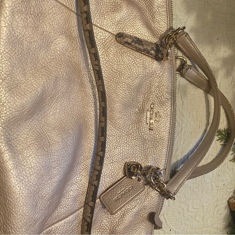 Coach Kelsey Satchel  Metallic Platinum/Gold Leather Bag with Reptile Trim - Picture 9 of 14